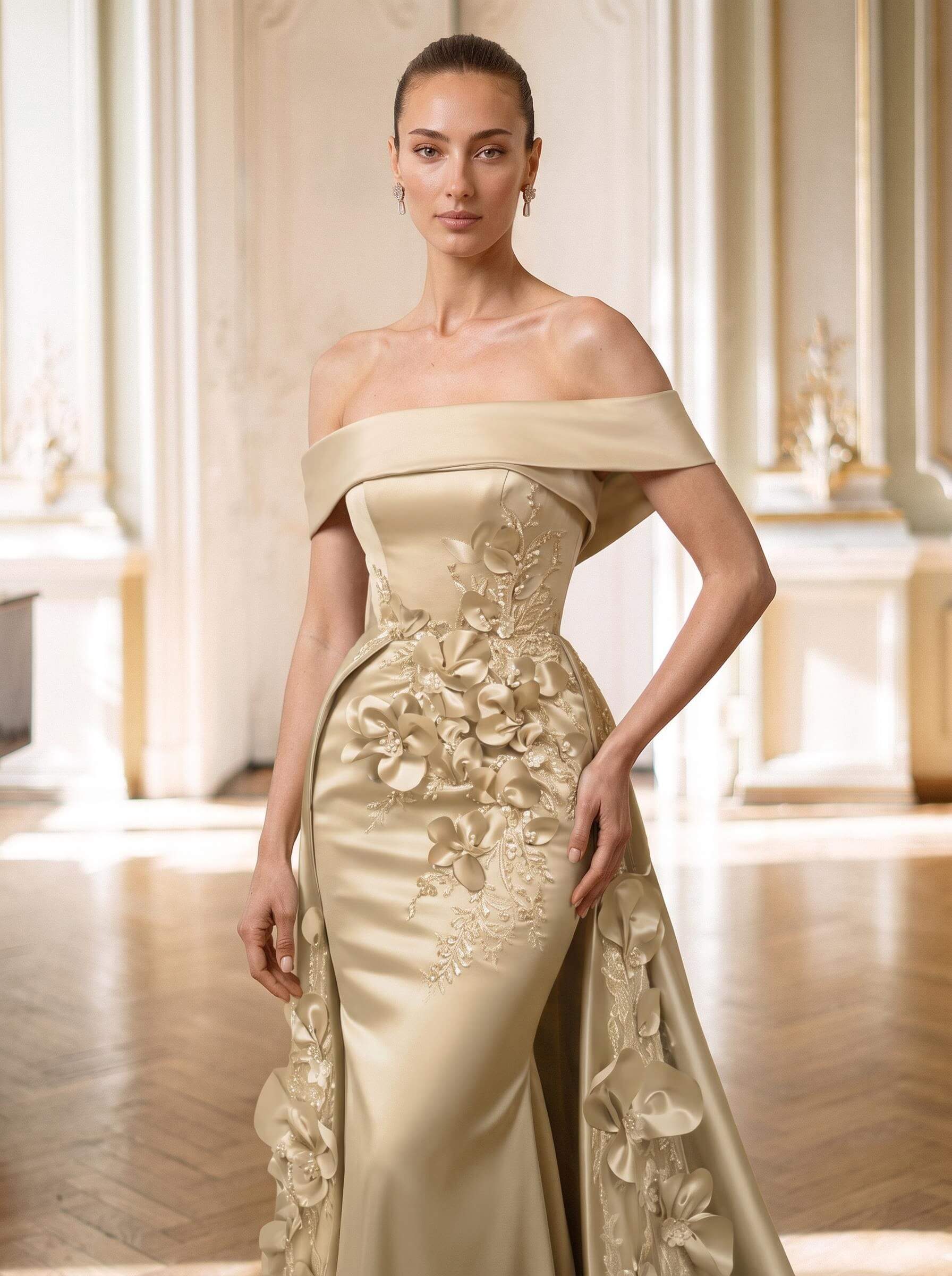 Trumpet/Mermaid Off-The-Shoulder Sweep Train Satin Mother Of The Bride Dresses With Overskirt Dress