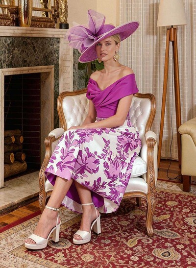 Off-The-Shoulder A-Line Tea-Length Stretch Chiffon Mother Of The Bride Dresses With Beading/Sequins