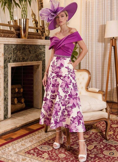 Off-The-Shoulder A-Line Tea-Length Stretch Chiffon Mother Of The Bride Dresses With Beading/Sequins