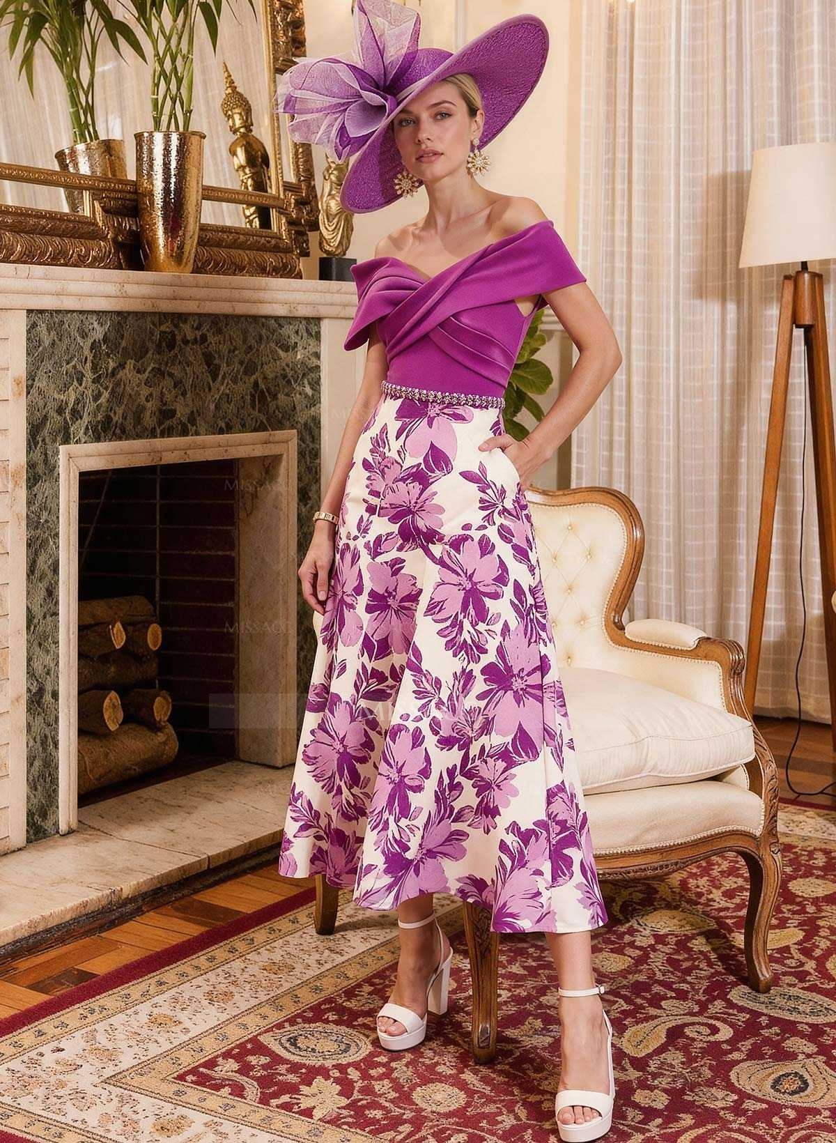 Off-The-Shoulder A-Line Tea-Length Stretch Chiffon Mother Of The Bride Dresses With Beading/Sequins