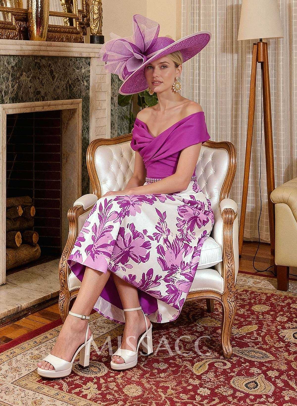 Off-The-Shoulder A-Line Tea-Length Stretch Chiffon Mother Of The Bride Dresses With Beading/Sequins