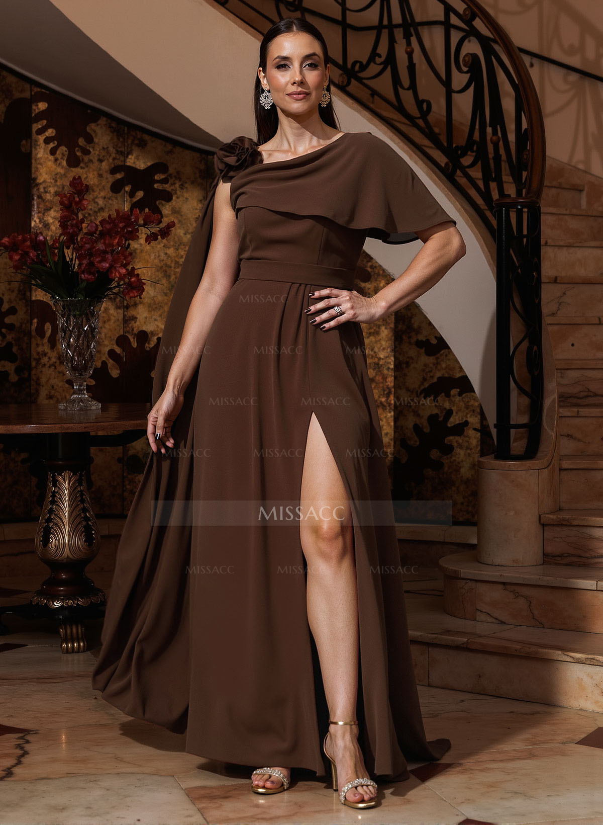A-Line One-Shoulder Cape Sleeves Floor-Length Stretch Satin Mother Of The Bride Dresses With Flower(s)/High Split