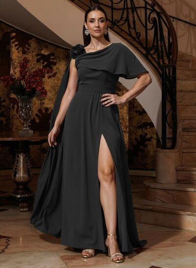 A-Line One-Shoulder Cape Sleeves Floor-Length Stretch Satin Mother Of The Bride Dresses With Flower(s)/High Split
