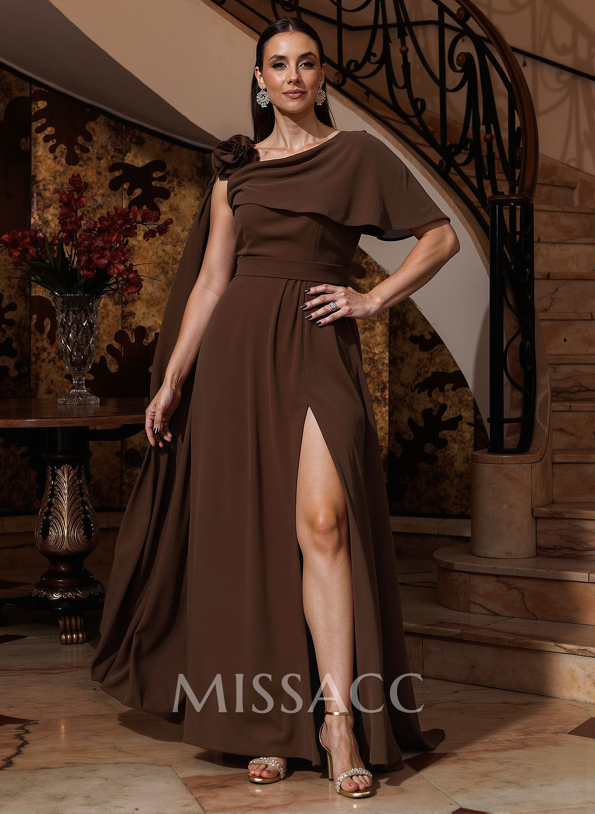 A-Line One-Shoulder Cape Sleeves Floor-Length Stretch Satin Mother Of The Bride Dresses With Flower(s)/High Split