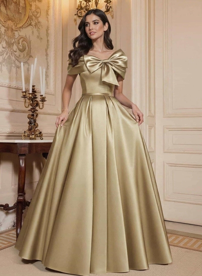 A-Line Off-The-Shoulder Floor-Length Satin Mother Of The Bride Dresses With Bow(s)