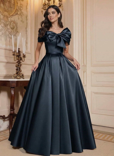 A-Line Off-The-Shoulder Floor-Length Satin Mother Of The Bride Dresses With Bow(s)