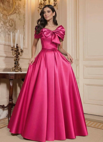 A-Line Off-The-Shoulder Floor-Length Satin Mother Of The Bride Dresses With Bow(s)
