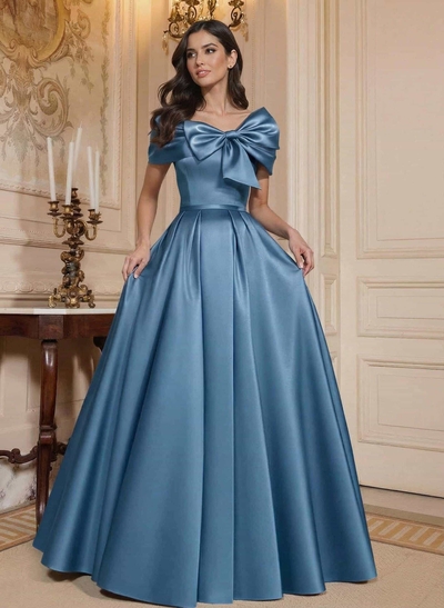 A-Line Off-The-Shoulder Floor-Length Satin Mother Of The Bride Dresses With Bow(s)