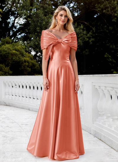 A-Line Off-The-Shoulder Floor-Length Satin Mother Of The Bride Dresses With Bow(s)