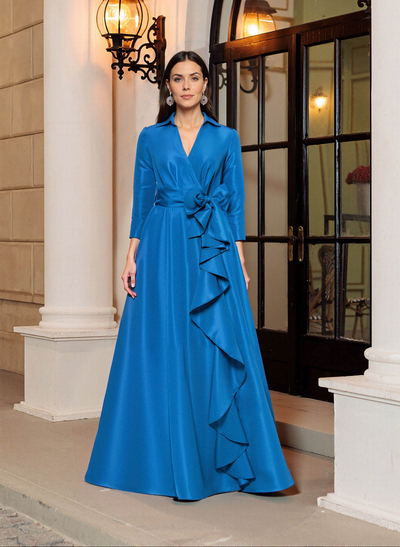 A-Line V-Neck 3/4 Sleeves Floor-Length Satin Mother Of The Bride Dresses With Bow(s)