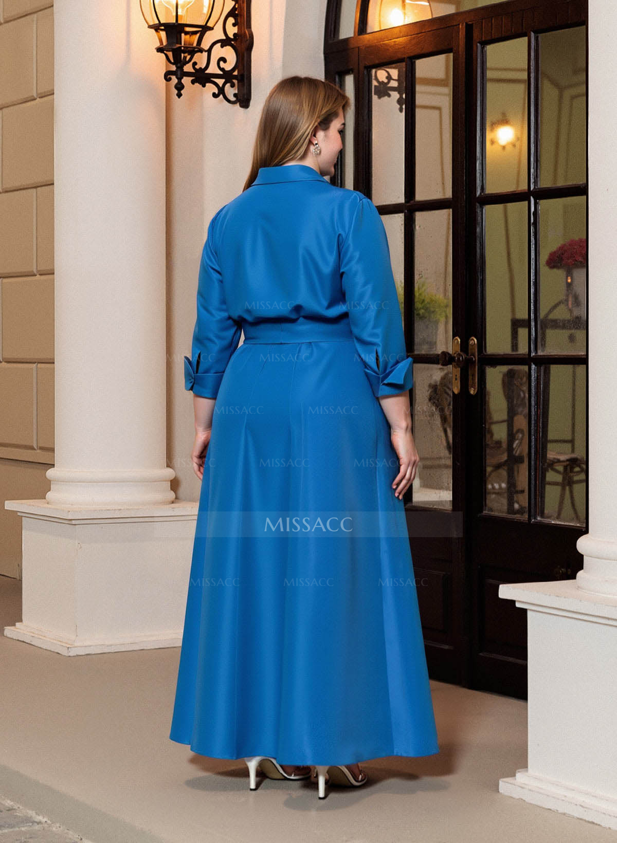 A-Line V-Neck 3/4 Sleeves Floor-Length Satin Mother Of The Bride Dresses With Bow(s)