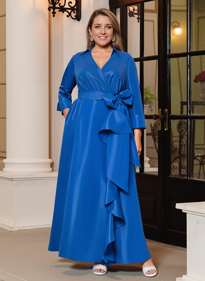 A-Line V-Neck 3/4 Sleeves Floor-Length Satin Mother Of The Bride Dresses With Bow(s)