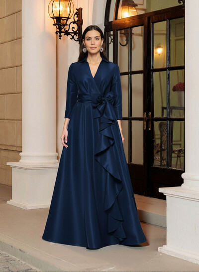 A-Line V-Neck 3/4 Sleeves Floor-Length Satin Mother Of The Bride Dresses With Bow(s)