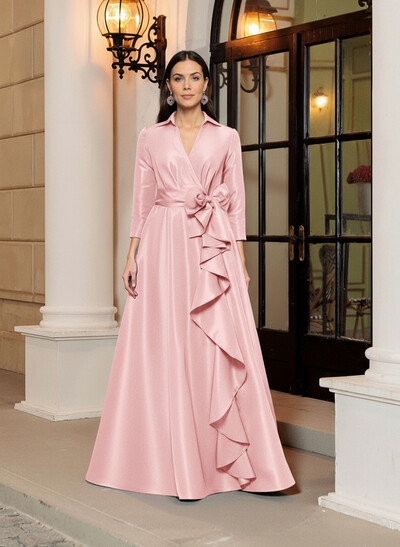 A-Line V-Neck 3/4 Sleeves Floor-Length Satin Mother Of The Bride Dresses With Bow(s)