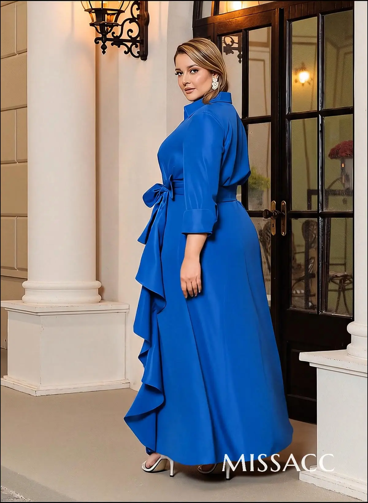 A-Line V-Neck 3/4 Sleeves Floor-Length Satin Mother Of The Bride Dresses With Bow(s)