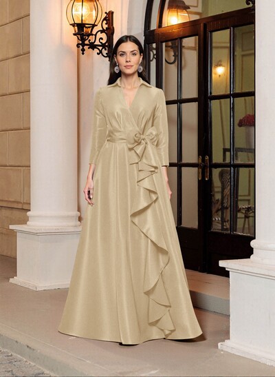 A-Line V-Neck 3/4 Sleeves Floor-Length Satin Mother Of The Bride Dresses With Bow(s)