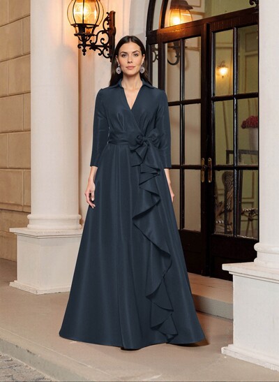 A-Line V-Neck 3/4 Sleeves Floor-Length Satin Mother Of The Bride Dresses With Bow(s)