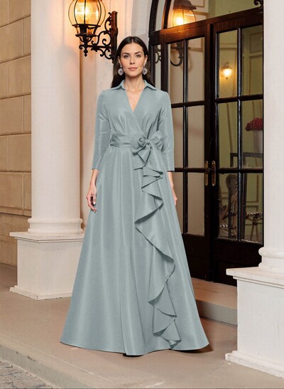 A-Line V-Neck 3/4 Sleeves Floor-Length Satin Mother Of The Bride Dresses With Bow(s)