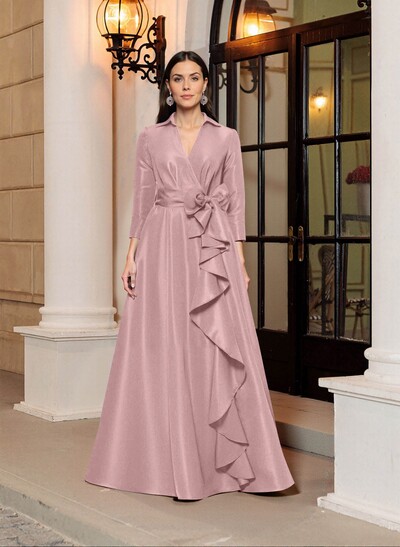 A-Line V-Neck 3/4 Sleeves Floor-Length Satin Mother Of The Bride Dresses With Bow(s)