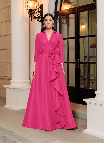 A-Line V-Neck 3/4 Sleeves Floor-Length Satin Mother Of The Bride Dresses With Bow(s)