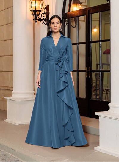 A-Line V-Neck 3/4 Sleeves Floor-Length Satin Mother Of The Bride Dresses With Bow(s)