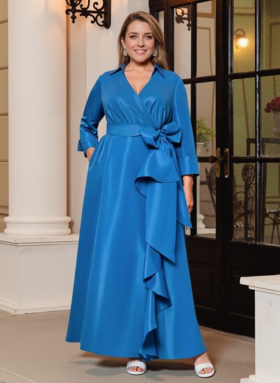 A-Line V-Neck 3/4 Sleeves Floor-Length Satin Mother Of The Bride Dresses With Bow(s)