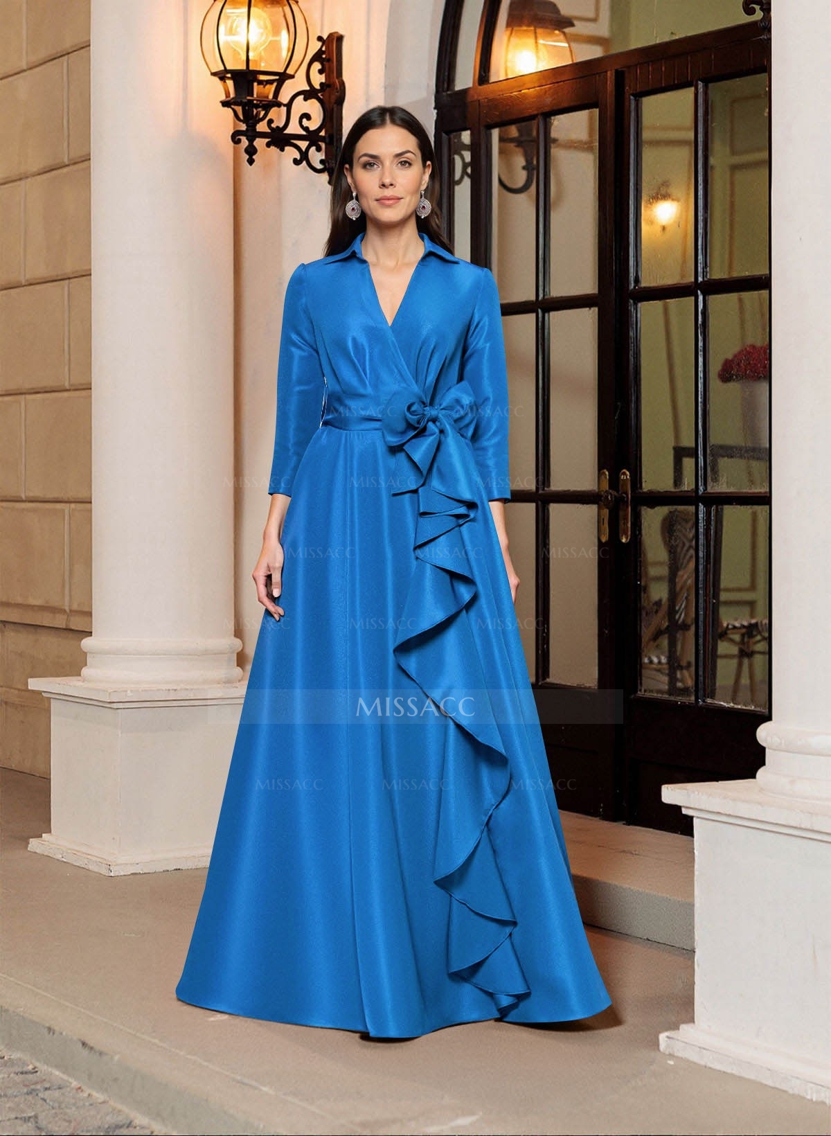 A-Line V-Neck 3/4 Sleeves Floor-Length Satin Mother Of The Bride Dresses With Bow(s)