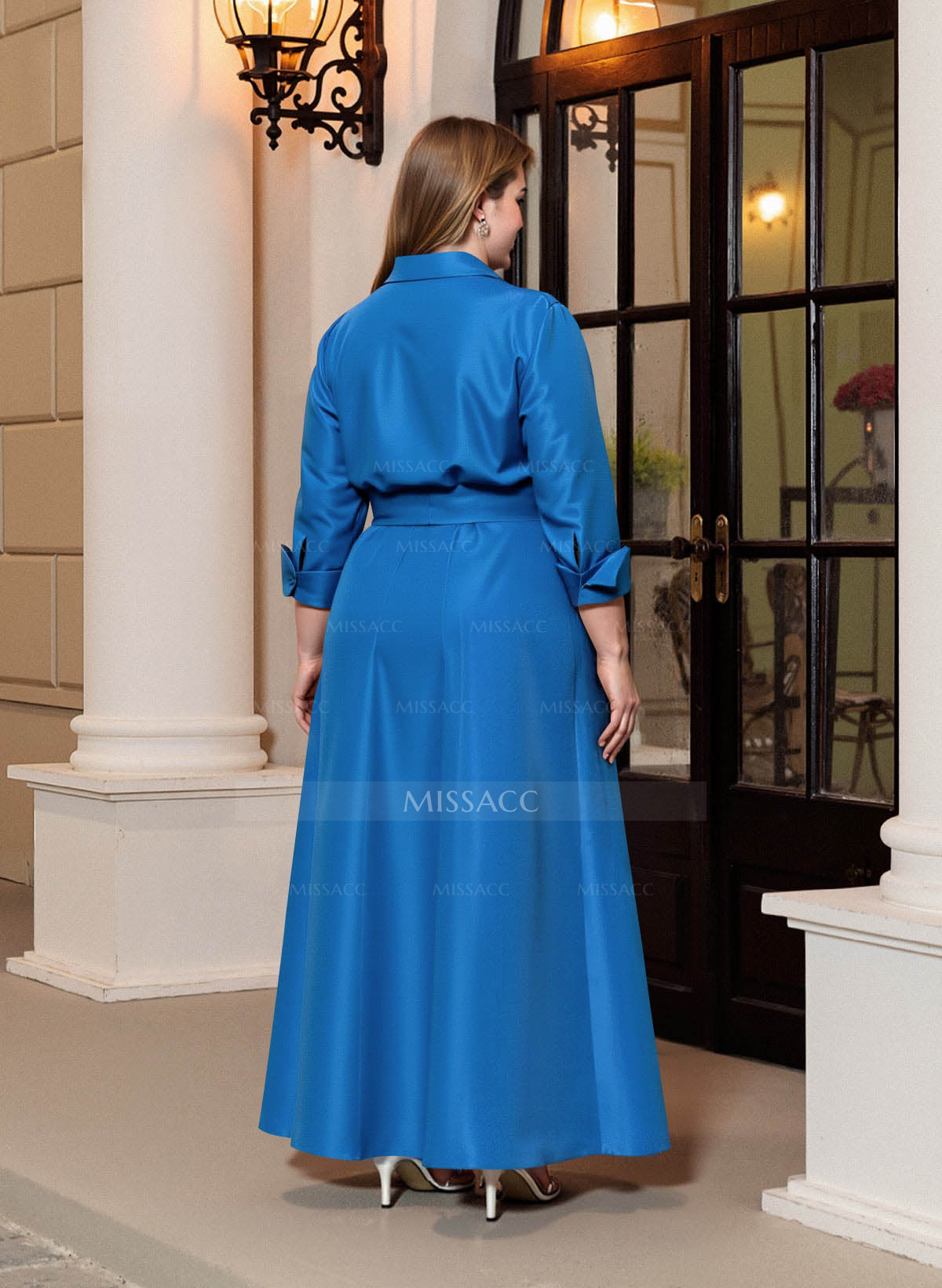A-Line V-Neck 3/4 Sleeves Floor-Length Satin Mother Of The Bride Dresses With Bow(s)