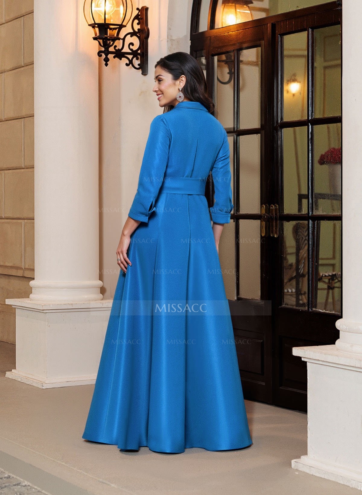 A-Line V-Neck 3/4 Sleeves Floor-Length Satin Mother Of The Bride Dresses With Bow(s)