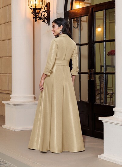 A-Line V-Neck 3/4 Sleeves Floor-Length Satin Mother Of The Bride Dresses With Bow(s)