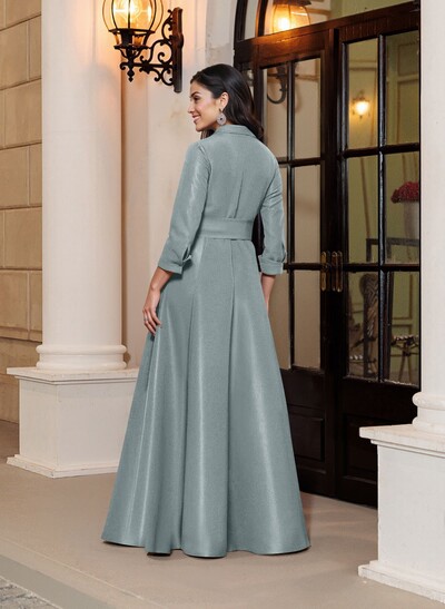 A-Line V-Neck 3/4 Sleeves Floor-Length Satin Mother Of The Bride Dresses With Bow(s)