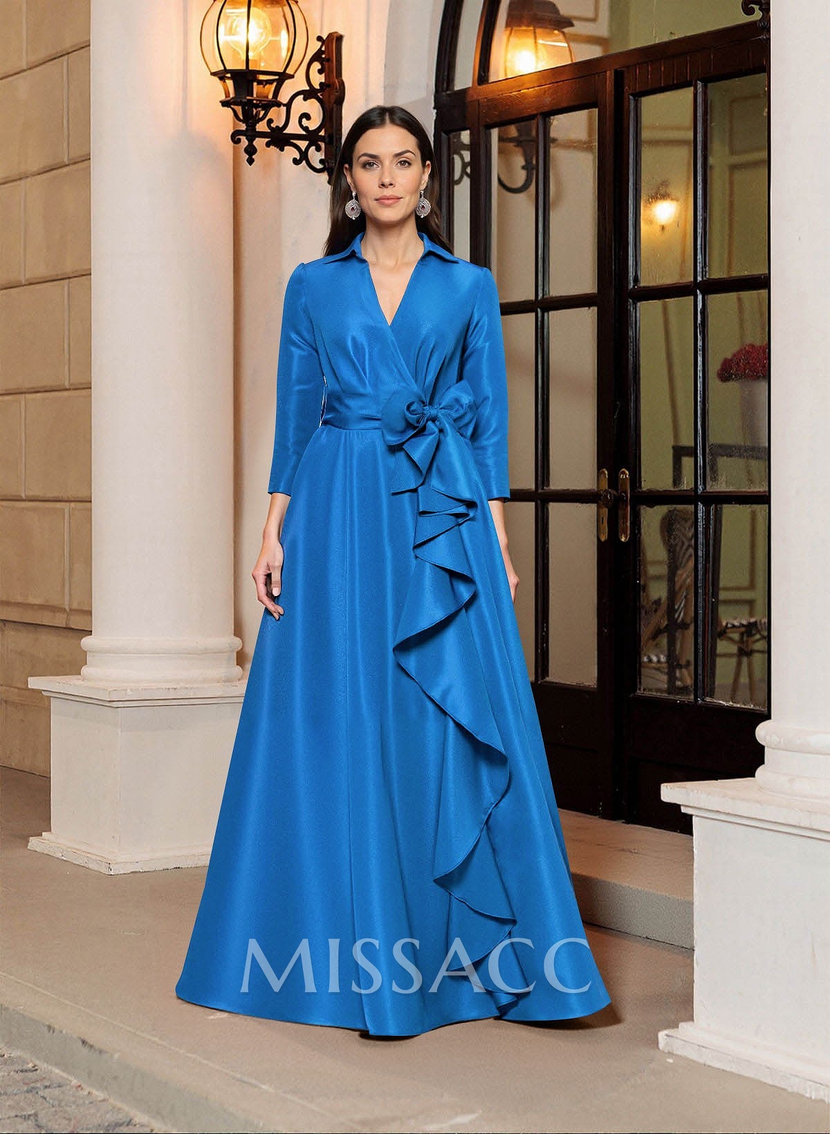 A-Line V-Neck 3/4 Sleeves Floor-Length Satin Mother Of The Bride Dresses With Bow(s) A-Line V-Neck 3/4 Sleeves Floor-Length Satin Mother Of The Bride Dresses With Bow(s)