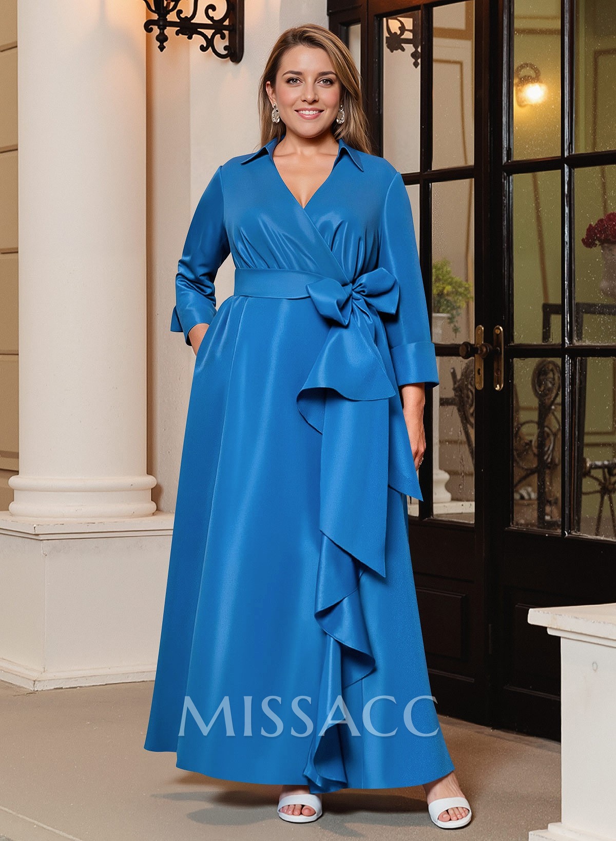 A-Line V-Neck 3/4 Sleeves Floor-Length Satin Mother Of The Bride Dresses With Bow(s) A-Line V-Neck 3/4 Sleeves Floor-Length Satin Mother Of The Bride Dresses With Bow(s)