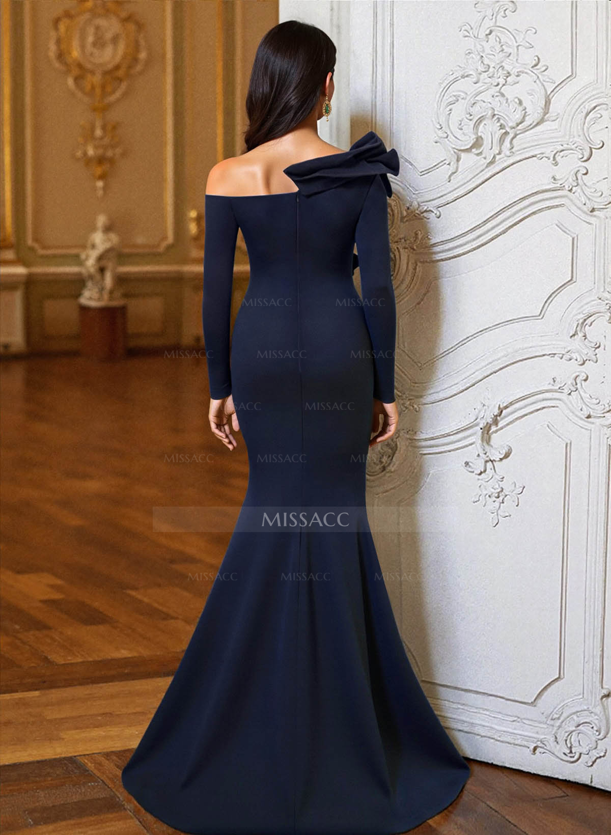Trumpet/Mermaid One-Shoulder Long Sleeves Floor-Length Elastic Satin Mother Of The Bride Dresses With Flower(s)