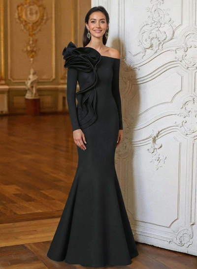 Trumpet/Mermaid Asymmetrical Long Sleeves Floor-Length Elastic Satin Mother Of The Bride Dresses With Flower(s)