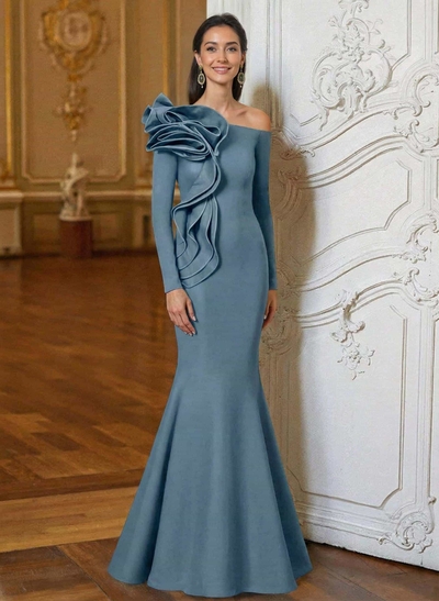 Trumpet/Mermaid Asymmetrical Long Sleeves Floor-Length Elastic Satin Mother Of The Bride Dresses With Flower(s)