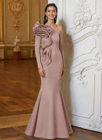 Trumpet/Mermaid Asymmetrical Long Sleeves Floor-Length Elastic Satin Mother Of The Bride Dresses With Flower(s)