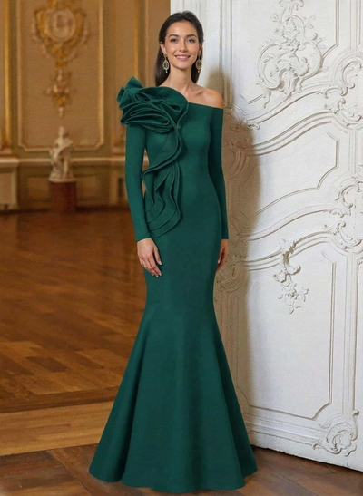 Trumpet/Mermaid Asymmetrical Long Sleeves Floor-Length Elastic Satin Mother Of The Bride Dresses With Flower(s)