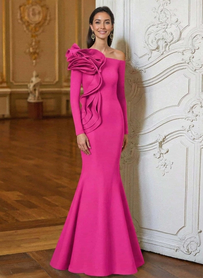 Trumpet/Mermaid Asymmetrical Long Sleeves Floor-Length Elastic Satin Mother Of The Bride Dresses With Flower(s)