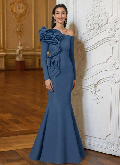 Trumpet/Mermaid Asymmetrical Long Sleeves Floor-Length Elastic Satin Mother Of The Bride Dresses With Flower(s)