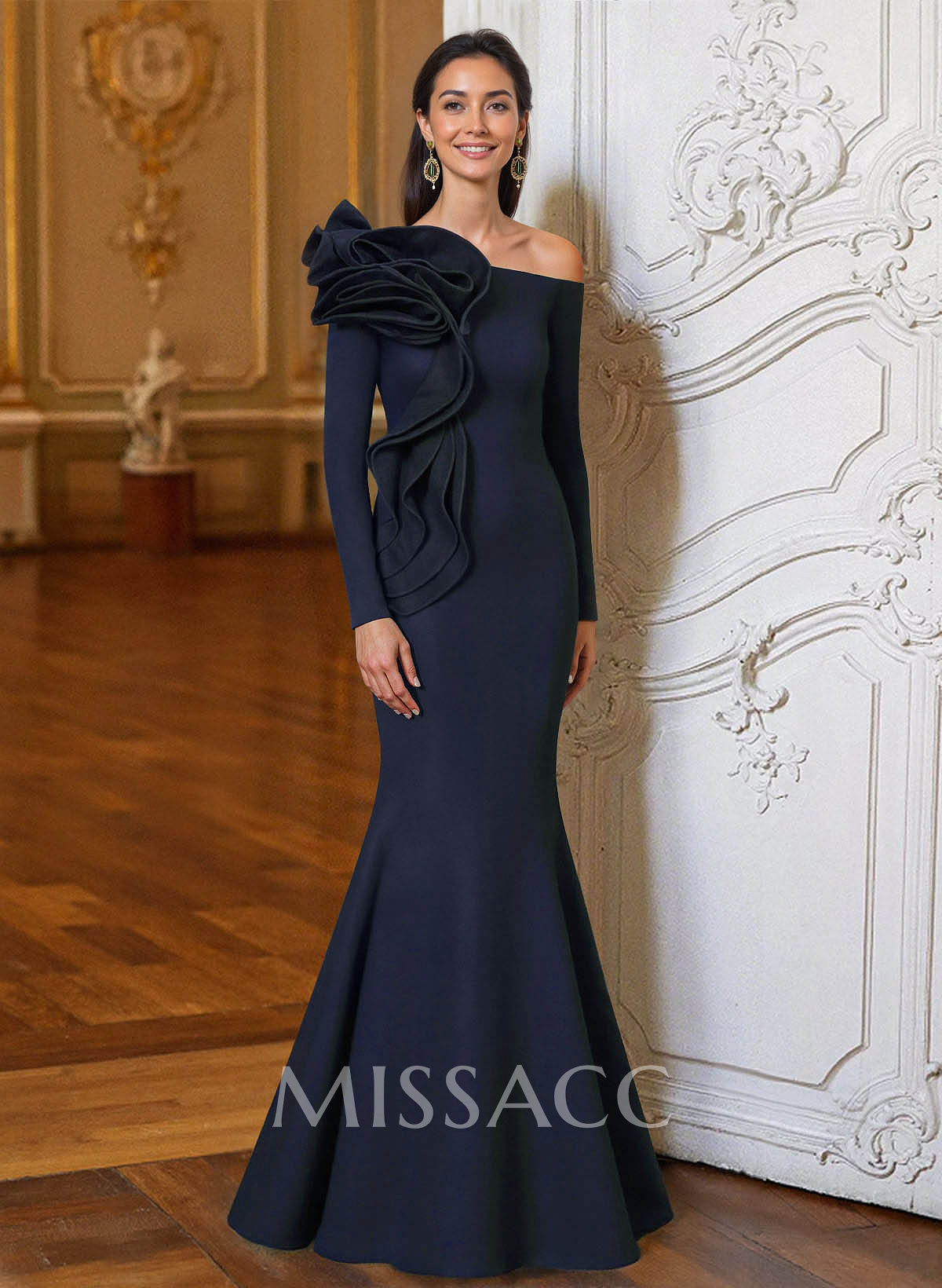 Trumpet/Mermaid Asymmetrical Long Sleeves Floor-Length Elastic Satin Mother Of The Bride Dresses With Flower(s) Trumpet/Mermaid Asymmetrical Long Sleeves Floor-Length Elastic Satin Mother Of The Bride Dresses With Flower(s)