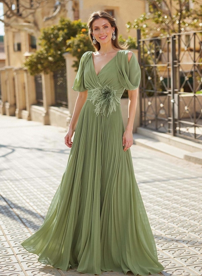 Elegant V-Neck Sleeveless A-Line Floor-Length Chiffon Evening Dresses With Pleated