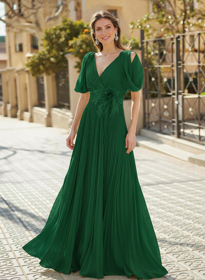 Elegant V-Neck Sleeveless A-Line Floor-Length Chiffon Mother Of The Bride Dresses With Pleated