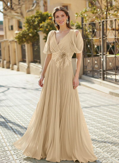 Elegant V-Neck Sleeveless A-Line Floor-Length Chiffon Mother Of The Bride Dresses With Pleated