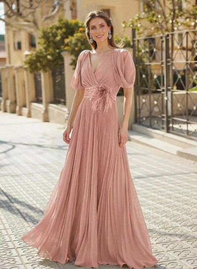 Elegant V-Neck Sleeveless A-Line Floor-Length Chiffon Mother Of The Bride Dresses With Pleated