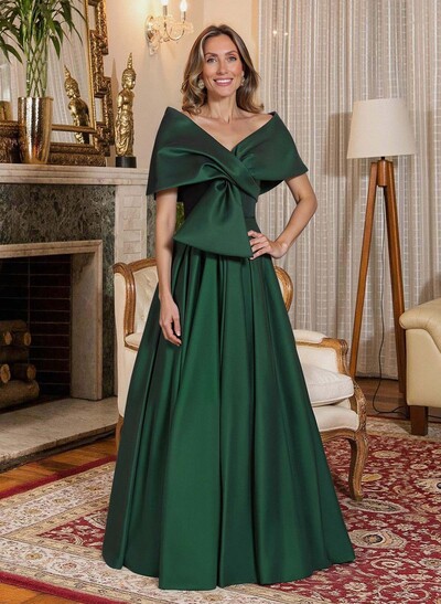 Elegant Off-The-Shoulder Sleeveless A-Line Floor-Length Satin Mother Of The Bride Dresses With Bow(s)