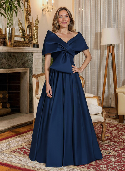 Elegant Off-The-Shoulder Sleeveless A-Line Floor-Length Satin Mother Of The Bride Dresses With Bow(s)