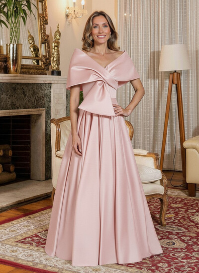 Elegant Off-The-Shoulder Sleeveless A-Line Floor-Length Satin Mother Of The Bride Dresses With Bow(s)