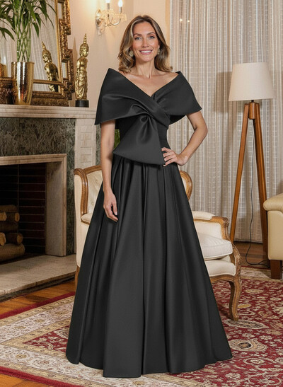 Elegant Off-The-Shoulder Sleeveless A-Line Floor-Length Satin Mother Of The Bride Dresses With Bow(s)