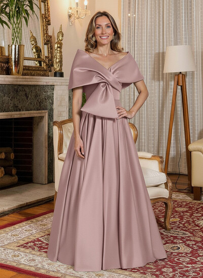 Elegant Off-The-Shoulder Sleeveless A-Line Floor-Length Satin Mother Of The Bride Dresses With Bow(s)